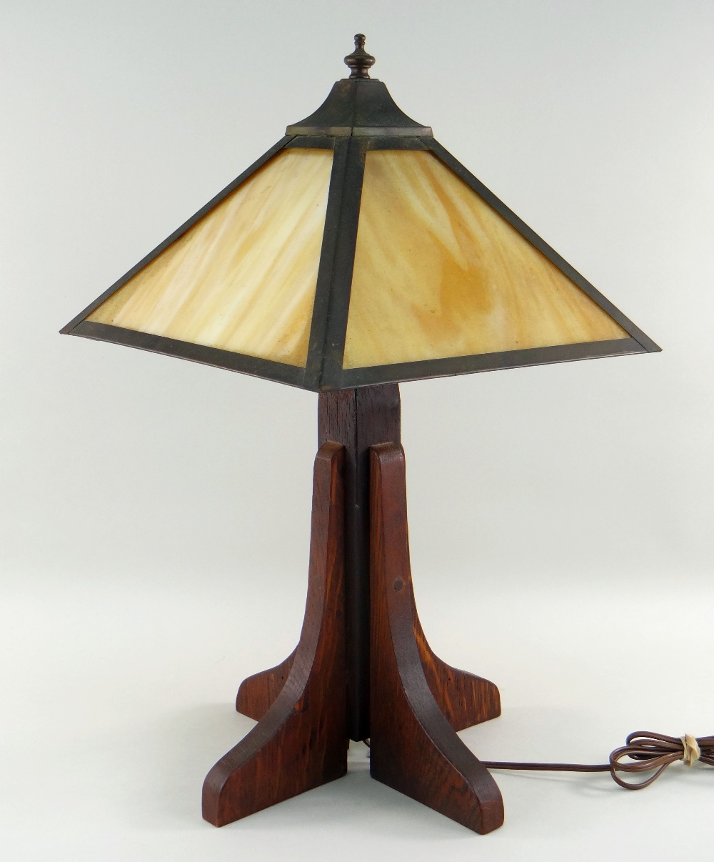 ARTS & CRAFTS MISSION-STYLE OAK TABLE LAMP, with pyramidal opaque glass shade, on a cruciform