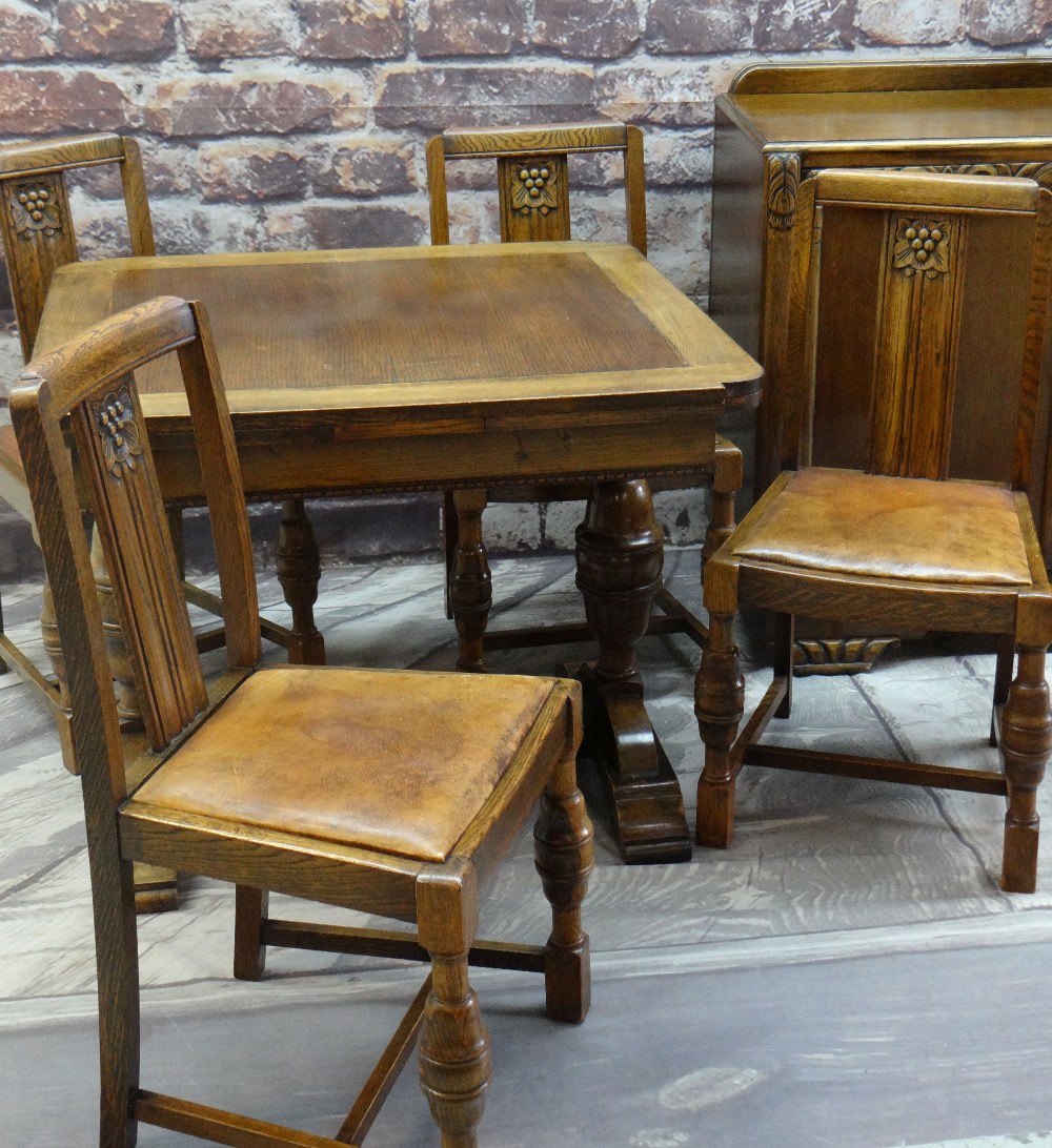 REPRODUCTION ELIZABETHAN STYLE CARVED OAK DINING SUITE comprising draw leaf dining table, four - Image 2 of 3