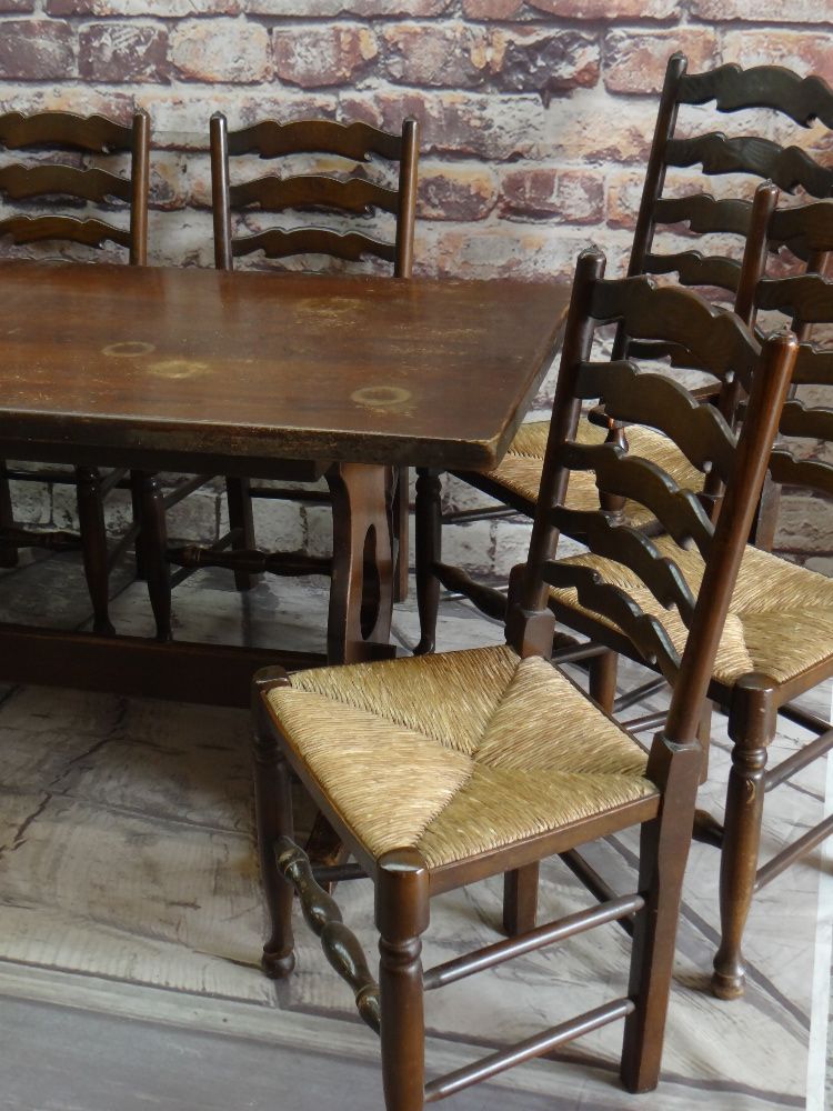REPRODUCTION OAK DINING TABLE & CHAIRS, table with trestle supports tied by bar stretcher, chairs of - Image 2 of 4