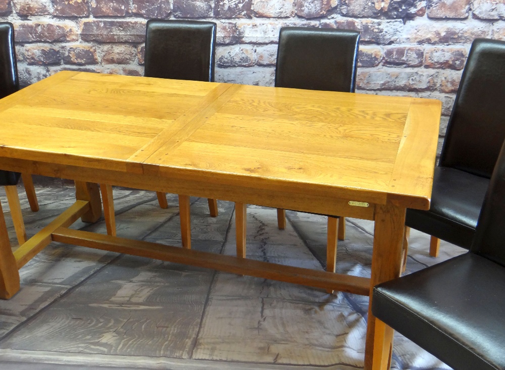MODERN RUSTIC-STYLE ELM EXTENDING DINING TABLE and SIX MODERN CHAIRS, table with cleated ends, 260cm