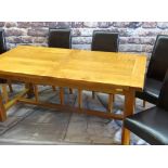 MODERN RUSTIC-STYLE ELM EXTENDING DINING TABLE and SIX MODERN CHAIRS, table with cleated ends, 260cm