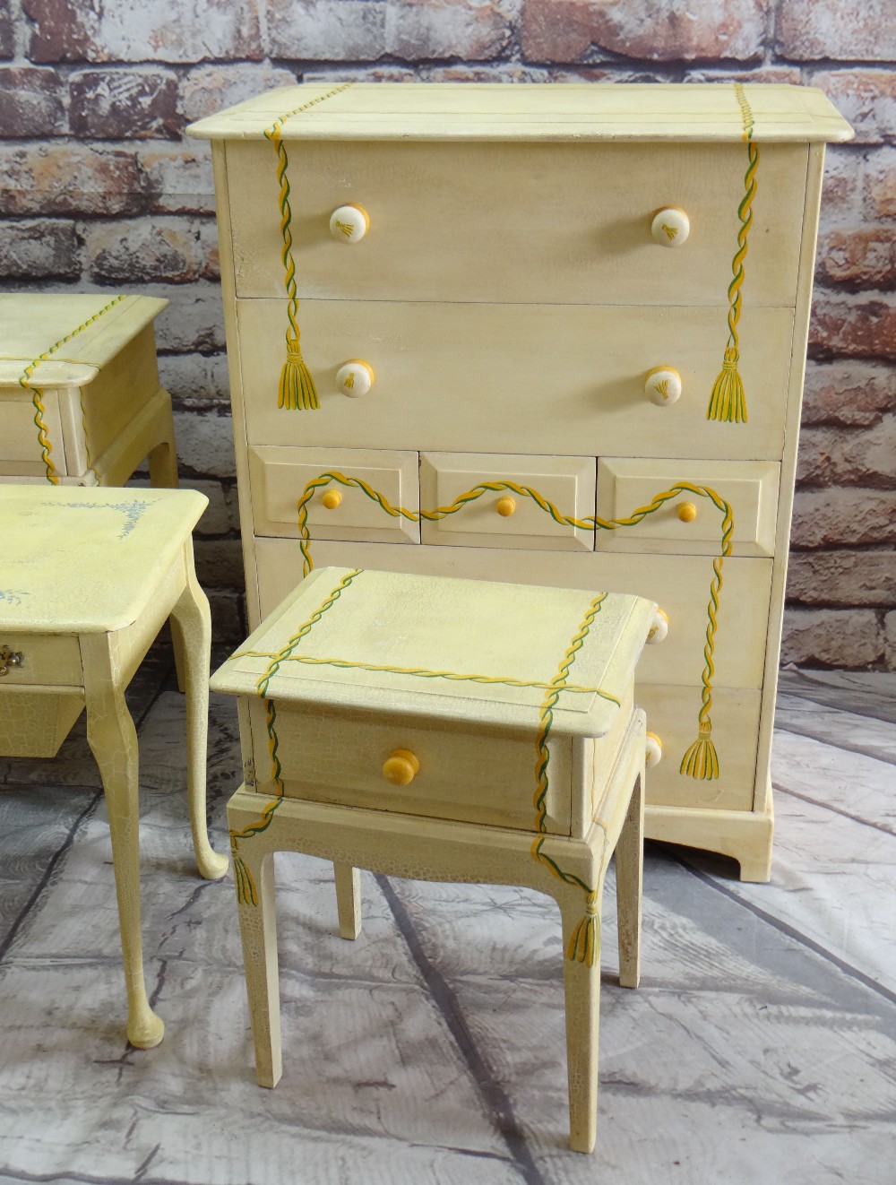 PAINTED STAG BEDROOM SUITE, comprising chest, 2 beside tables, dressing table and stool, and a - Image 2 of 4