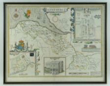 JOHN SPEED antique coloured map of 'Flint Shire', (Bassett & Chiswell), 41 x 52cms, framed