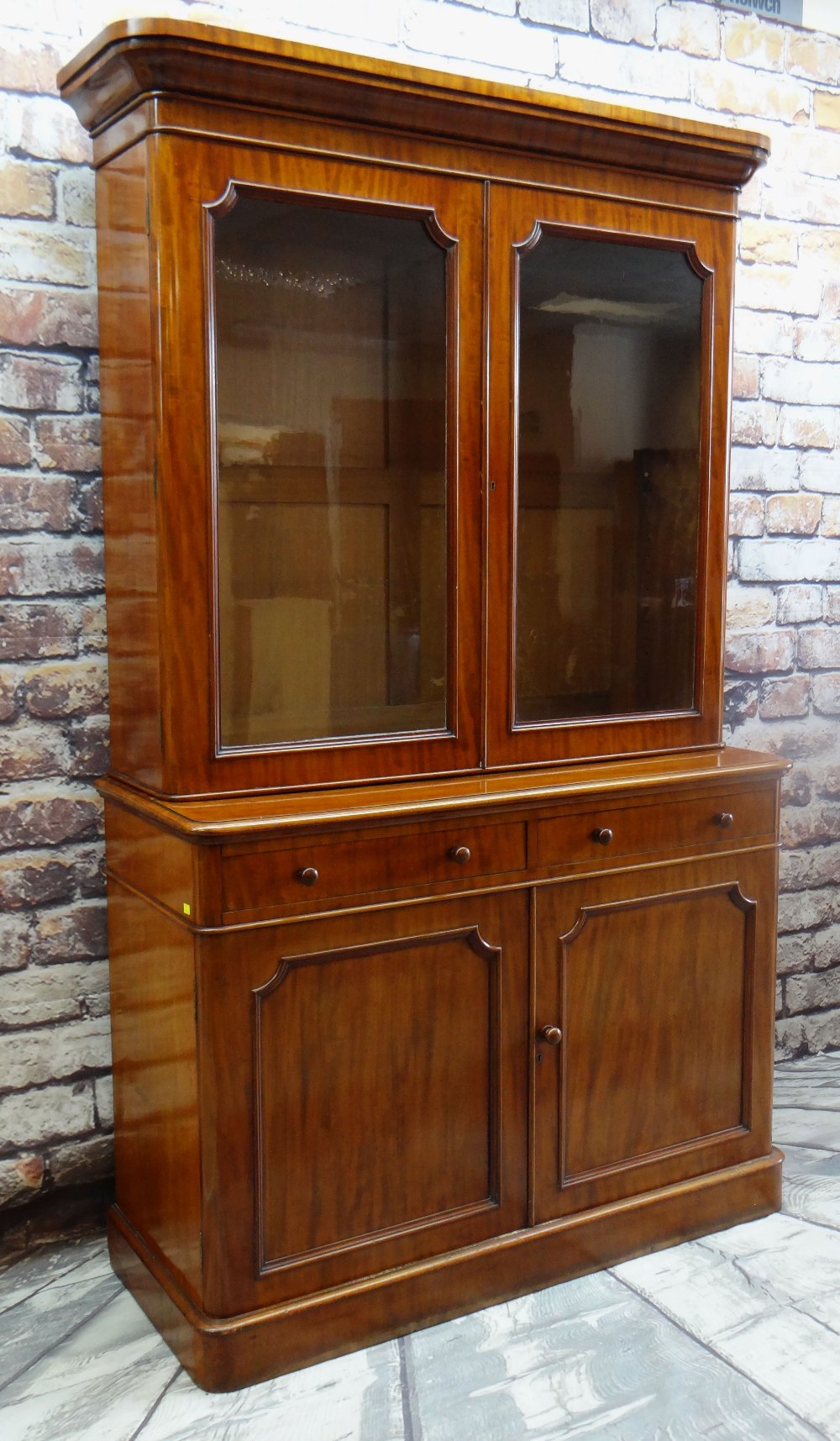 VICTORIAN WALNUT BOOKCASE, ogee cornice, glazed doors, adjustable shelves, two frieze drawers, - Image 2 of 16