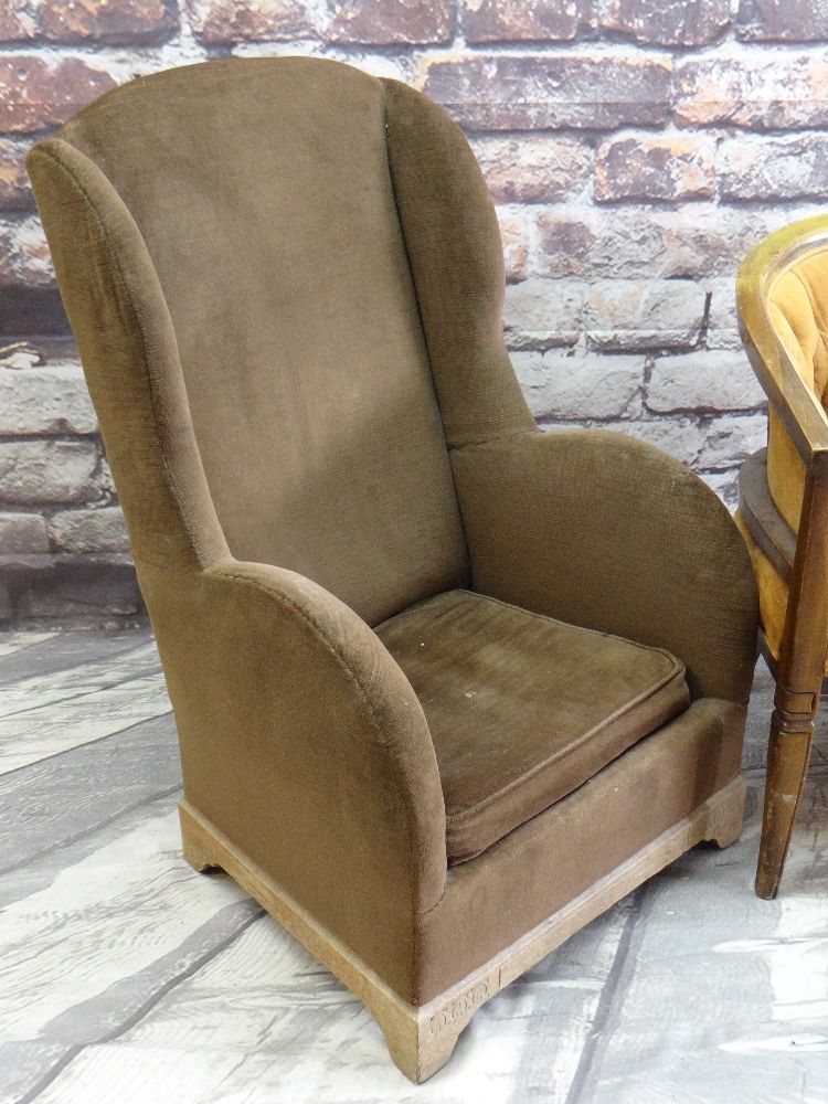 THREE VINTAGE EASY CHAIRS, two button-upholstered, the wingback with Arts & Crafts style carved feet - Image 4 of 4