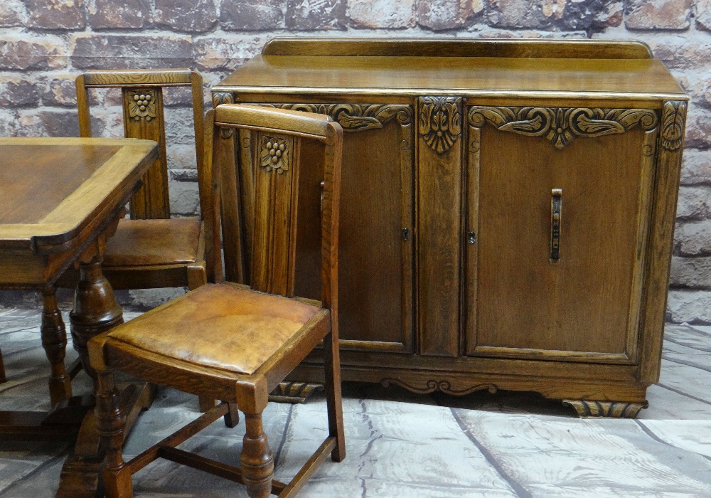 REPRODUCTION ELIZABETHAN STYLE CARVED OAK DINING SUITE comprising draw leaf dining table, four - Image 3 of 3