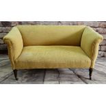 VICTORIAN WALNUT TWO-SEATER SOFA, later yellow ribbed upholstery, turned legs, castors 142 x 70cms