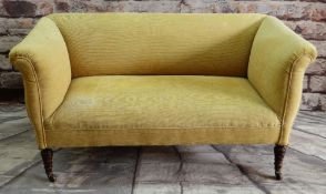 VICTORIAN WALNUT TWO-SEATER SOFA, later yellow ribbed upholstery, turned legs, castors 142 x 70cms