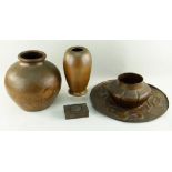 GROUP OF ARTS & CRAFTS HAMMERED COPPER ITEMS, comprising a circular embossed dish, cache pot,
