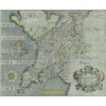 SAXTON & HOLE antique coloured map of 'Caernarvon', 1610, 26 x 31cms, framed