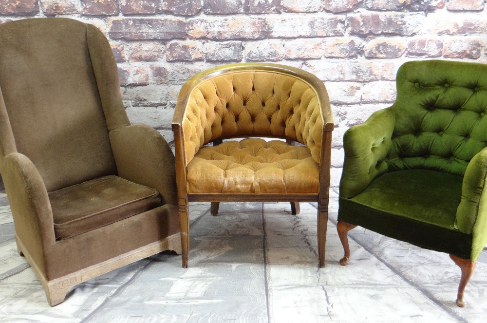 THREE VINTAGE EASY CHAIRS, two button-upholstered, the wingback with Arts & Crafts style carved feet