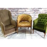 THREE VINTAGE EASY CHAIRS, two button-upholstered, the wingback with Arts & Crafts style carved feet