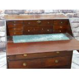 ANTIQUE MAHOGANY BUREAU, later angled fall enclosing a fitted interior of drawers above