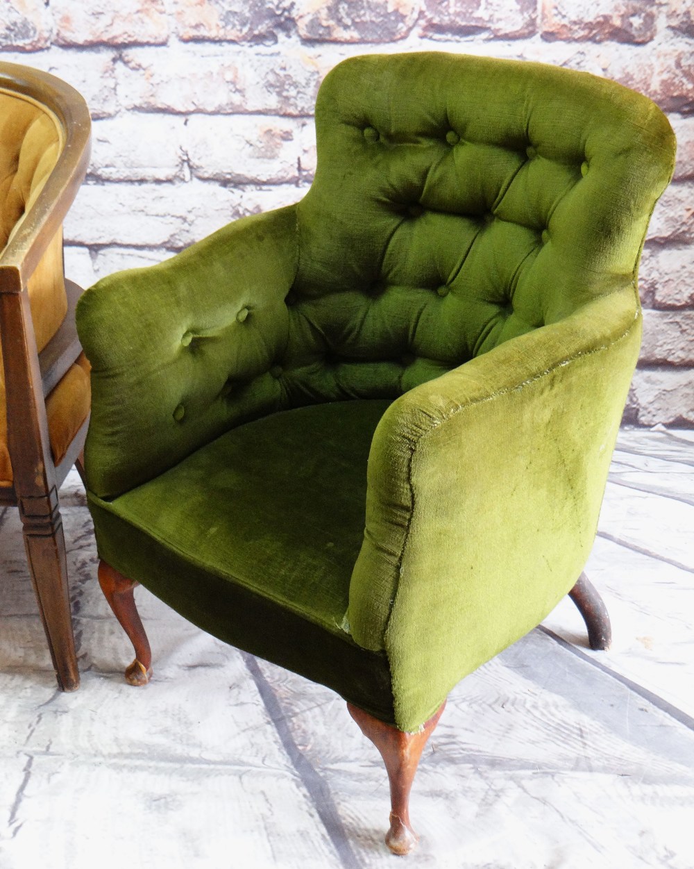 THREE VINTAGE EASY CHAIRS, two button-upholstered, the wingback with Arts & Crafts style carved feet - Image 2 of 4