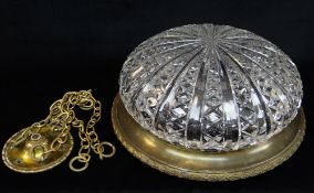 GOOD 19TH CENTURY CUT GLASS & BRASS FRAMED CEILING LIGHT, 33cms diam.