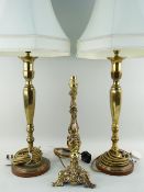 PAIR OF CONTINENTAL BRASS TABLE LAMPS on wooden bases with ivory cloth shades, sticks 40cms high and