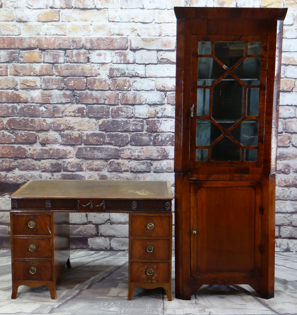 19TH CENTURY MAHOGANY STANDING CORNER CABINET with angled cornice and astragal glazed doors, blue