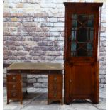 19TH CENTURY MAHOGANY STANDING CORNER CABINET with angled cornice and astragal glazed doors, blue