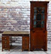 19TH CENTURY MAHOGANY STANDING CORNER CABINET with angled cornice and astragal glazed doors, blue