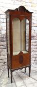 EDWARDIAN WALNUT & MAHOGANY NARROW CHINA CABINET with shaped cornice, astragal glazed door, glazed