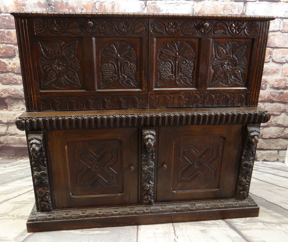 ANTIQUE CARVED OAK SIDE CABINET, decorated with the 17th Century style, the top adapted form a - Image 2 of 5