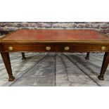 VICTORIAN-STYLE MAHOGANY WRITING TABLE, red leather inset top above two frieze drawers, tapering