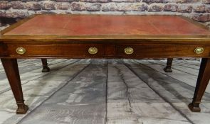 VICTORIAN-STYLE MAHOGANY WRITING TABLE, red leather inset top above two frieze drawers, tapering