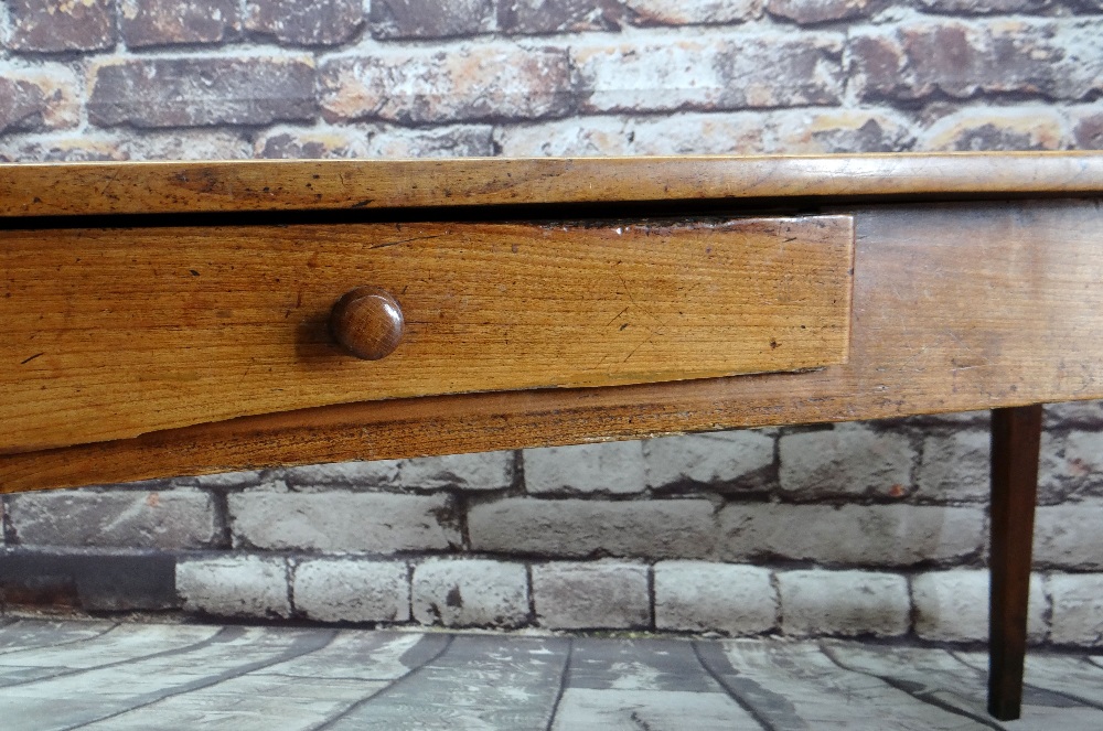 FRENCH FRUITWOOD COUNTRY KITCHEN / DINING TABLE, a boarded top with rounded corners on plain - Image 2 of 4