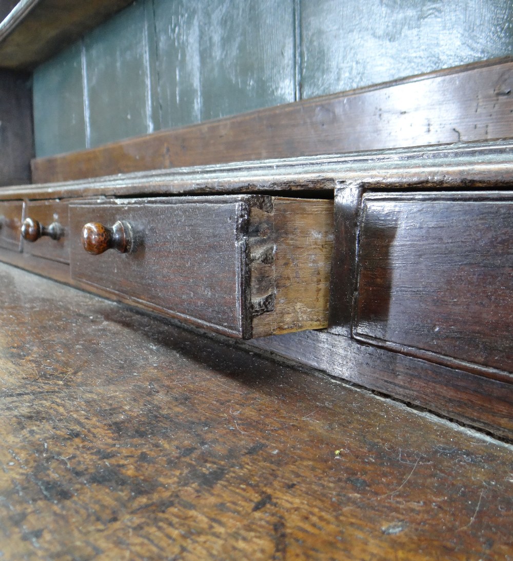 18TH CENTURY JOINED OAK WELSH DRESSER, probably Carmarthenshire, later painted boarded rack with - Image 5 of 9