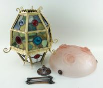 20TH CENTURY COLOURED & LEADED GLASS BRASS FRAMED HALL LANTERN of hexagonal section, 40cms high (