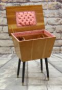 MID-CENTURY WALNUT & EBONISED WORK BOX, fitted interior with lift out tray and pink satin