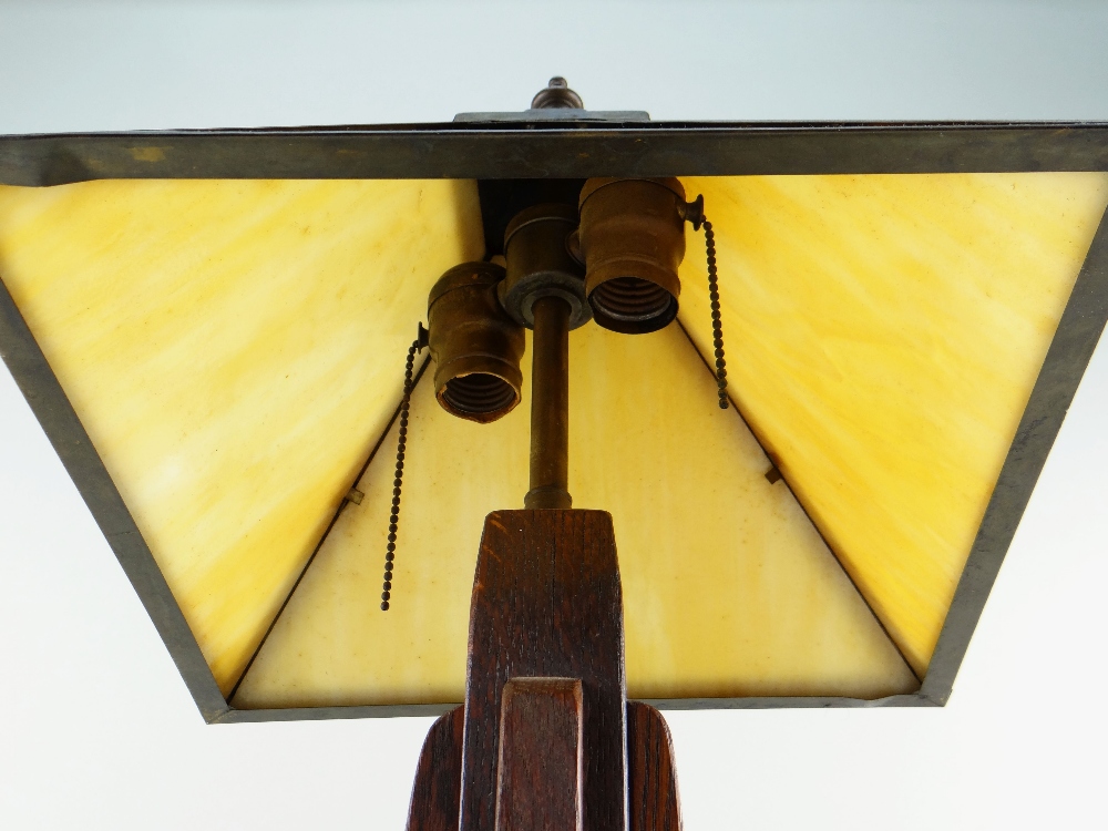 ARTS & CRAFTS MISSION-STYLE OAK TABLE LAMP, with pyramidal opaque glass shade, on a cruciform - Image 2 of 2