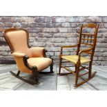 TWO ROCKING CHAIRS, comprising a William IV walnut armchair and a 19th Century style rush seated