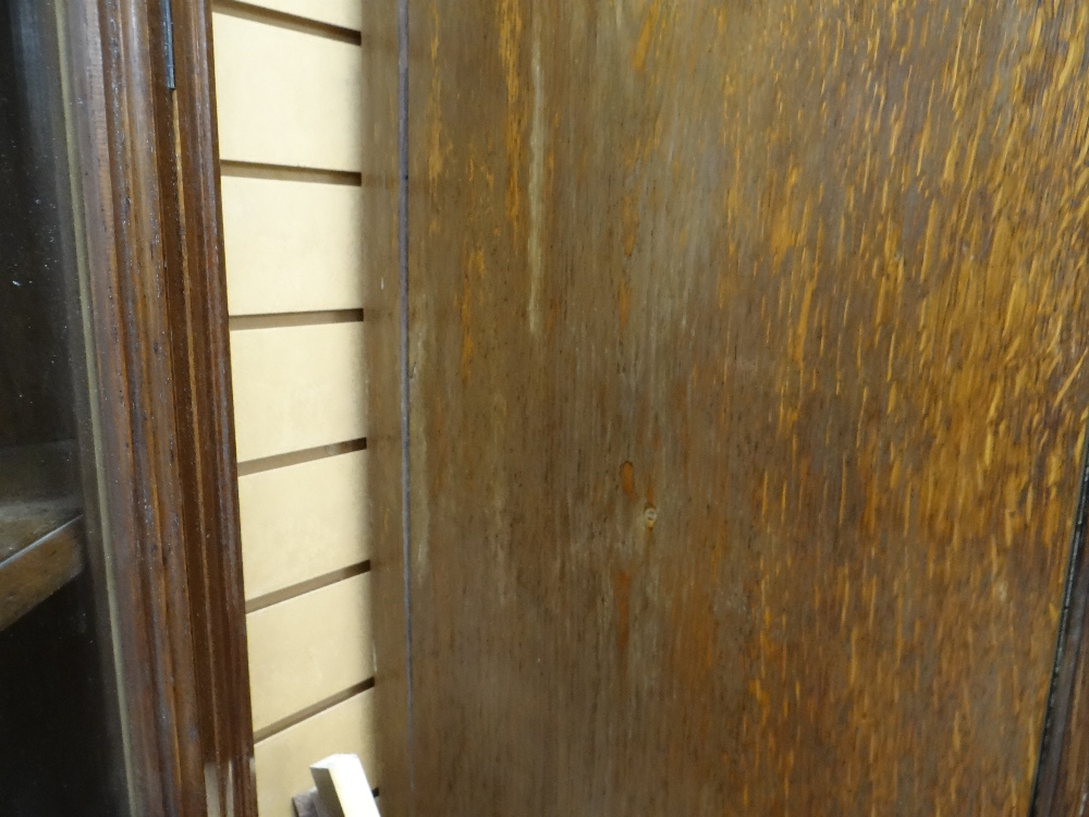 VICTORIAN OAK & MAHOGANY LINEN PRESS, ogee cornice and plain frieze above arched panelled doors, - Image 11 of 13