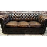 REPRODUCTION VICTORIAN-STYLE BROWN LEATHER CHESTERFIELD SOFA, three loose seat cushions, close