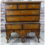 WILLIAM & MARY JOINED OAK, WALNUT CROSSBANDED, PARCEL EBONISED AND MARQUETRY CHEST ON STAND, elm
