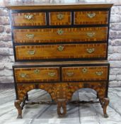 WILLIAM & MARY JOINED OAK, WALNUT CROSSBANDED, PARCEL EBONISED AND MARQUETRY CHEST ON STAND, elm