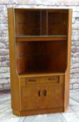 G-PLAN TEAK STANDING CORNER CABINET with sliding glass doors above shelf, draw and cupboard base.