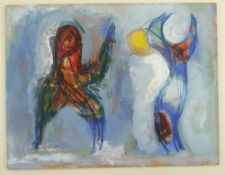 ATTRIBUTED TO AKOS BIRO (Hungarian, 1911-2002) oil on board - two abstract dancing figures, 27 x