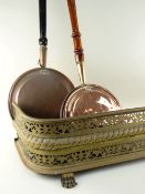 VICTORIAN PIERCED BRASS FENDER & TWO VICTORIAN COPPER WARMING PANS, fender 118w x 22h x 35cms d (3)