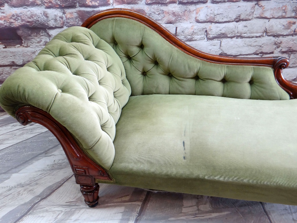 VICTORIAN WALNUT CHAISE LONGUE with button upholstered scrolled back and sides, tablet carved - Image 2 of 2