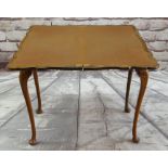 REPRODUCTION QUEEN ANNE-STYLE BURR WALNUT FOLD-OVER CARD TABLE, the shaped top with brown baize