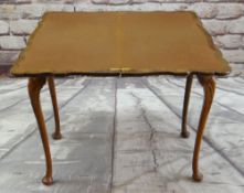 REPRODUCTION QUEEN ANNE-STYLE BURR WALNUT FOLD-OVER CARD TABLE, the shaped top with brown baize