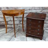REPRODUCTION YEW DEMILUNE TABLE, 61w X 72h X 30.5cms d; & SMALL REPRODUCTION BOWFRONT CHEST, 47w x