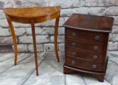 REPRODUCTION YEW DEMILUNE TABLE, 61w X 72h X 30.5cms d; & SMALL REPRODUCTION BOWFRONT CHEST, 47w x