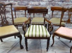 SIX ASSORTED DINING CHAIRS, including Regency armchair with tablet back, scrolled arms, reeded legs,