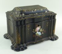 VICTORIAN PAPIER MACHE TEA CADDY, japanned, mother of pearl inlaid and gilt decoration, shaped