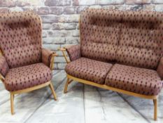 ERCOL 'EVERGREEN 1913' ASH SETTEE & ARMCHAIR, with matching burgundy upholstered loose cushions (2)