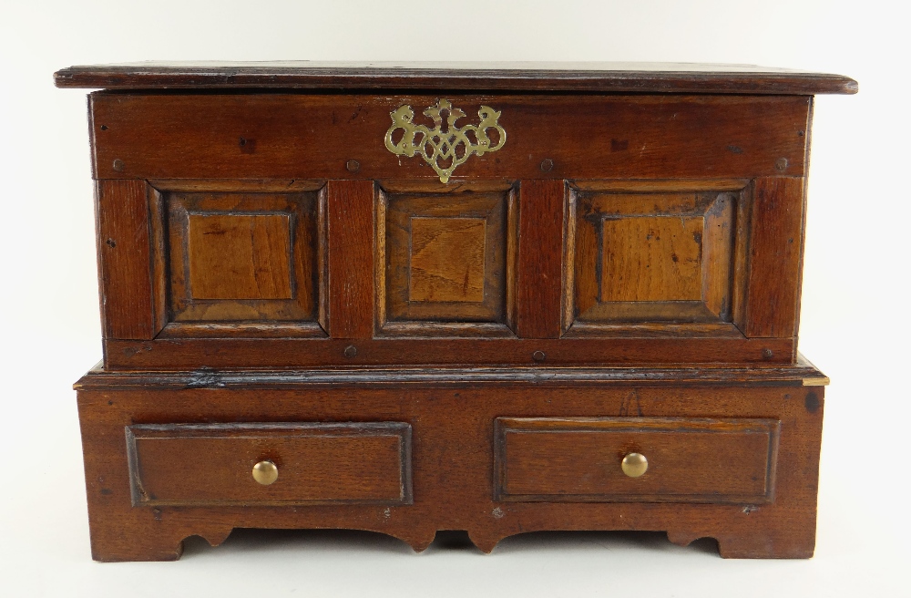 ANTIQUE OAK COFFER BACH, moulded hinged top above triple panelled front, a pierced brass