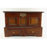 ANTIQUE OAK COFFER BACH, moulded hinged top above triple panelled front, a pierced brass